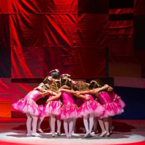 Turma de tutu pink abraçada em roda, sob o foco de luz.